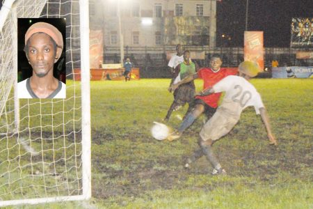 Michael Pedro (backing camera and inset) scoring his fourth goal against the University of Guyana Football Team Sunday night at the Georgetown Cricket Club ground. (Orlando Charles photo)  See story on page 26