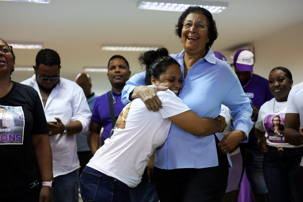 Suriname's opposition leader Jennifer Geerlings-Simons of the National Democratic Party (NDP) celebrating with supporters as she proclaimed herself the winner of the presidency on May 26, 2025. REUTERS/Ranu Abhelakh/File Photo